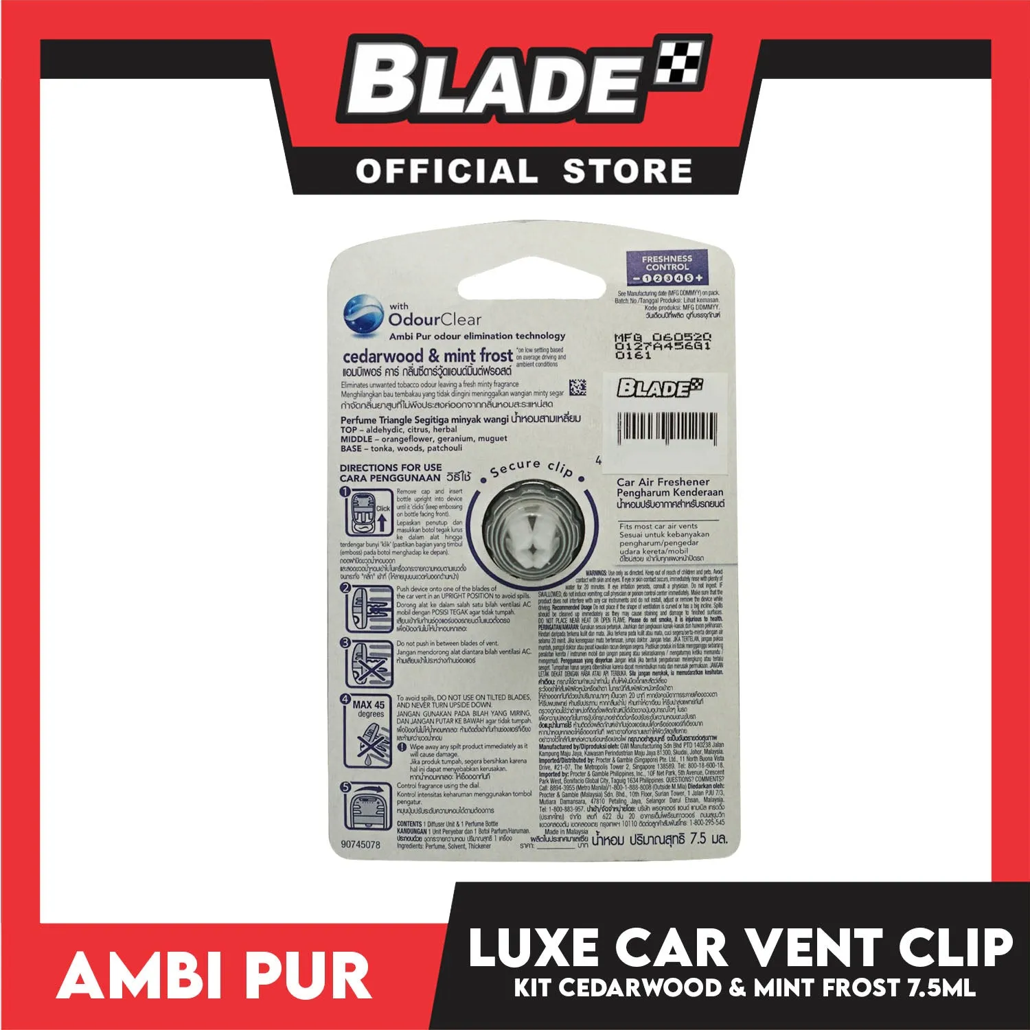 Ambi Pur Luxe Car Vent Clip Kit 7.5ml Cedarwood & Mintfrost