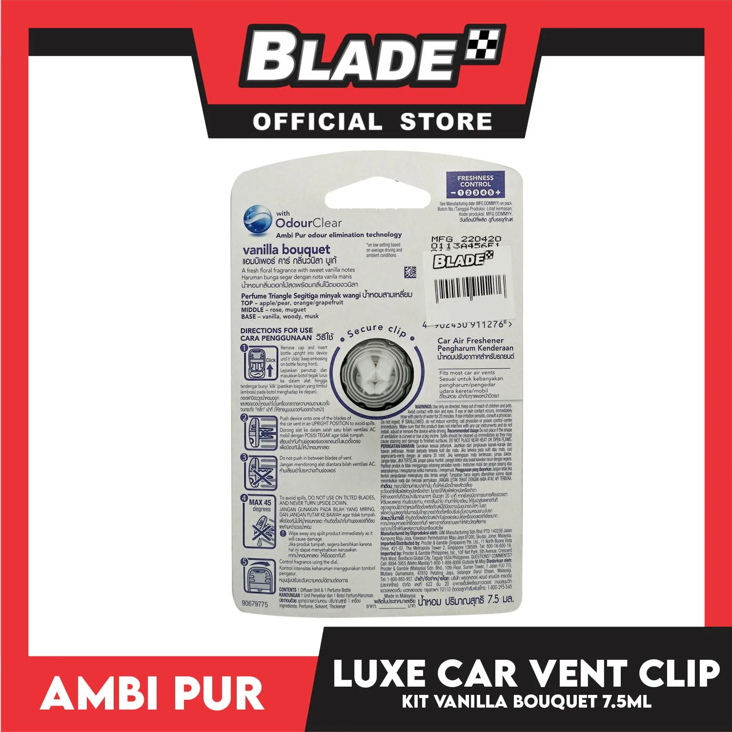 Ambi Pur Luxe Car Vent Clip Kit 7.5ml Vanilla Bouquet