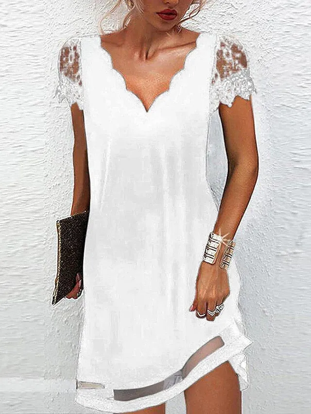 BerryBetty - Women‘s Lace Dress A Line Dress Short Mini Dress Black Short Sleeve Pure Color Lace Spring Summer V Neck Elegant Loose 2024 S M L XL XXL XXXL / Party Dress