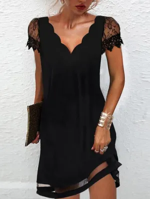 BerryBetty - Women‘s Lace Dress A Line Dress Short Mini Dress Black Short Sleeve Pure Color Lace Spring Summer V Neck Elegant Loose 2024 S M L XL XXL XXXL / Party Dress