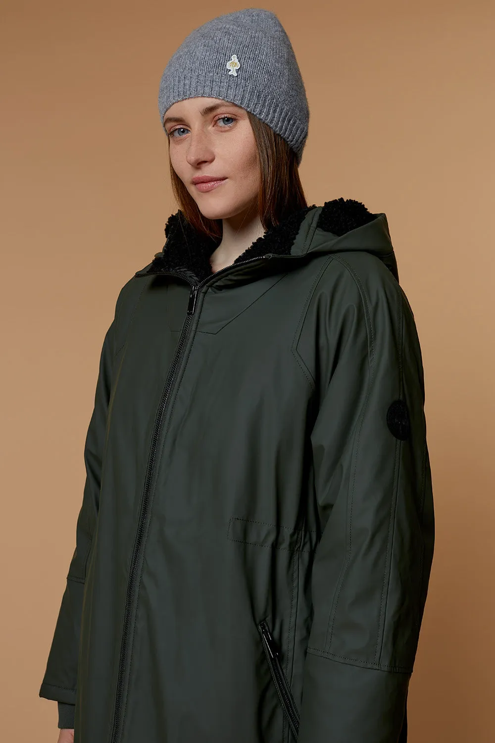 DELTA - Parka longue sauge en toile enduite fourrée