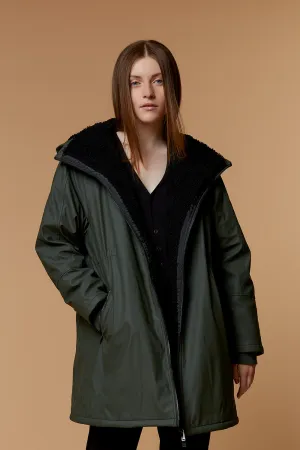 DELTA - Parka longue sauge en toile enduite fourrée