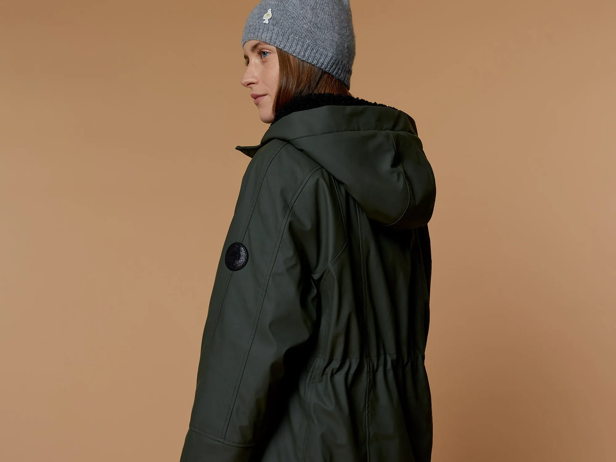 DELTA - Parka longue sauge en toile enduite fourrée
