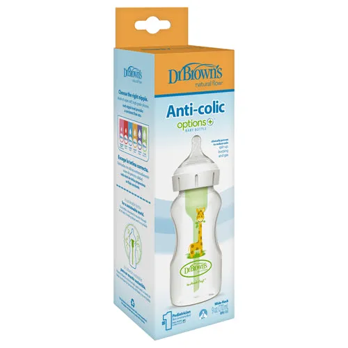 Dr Brown's 9oz/270 mL PP Wide-neck Anti-Colic Options  Baby Bottle, w/ L2 Nipple, Giraffe, 1-Pack