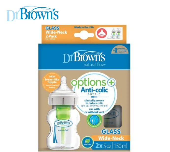 Dr Brown's Glass Wide-Neck Options  Bottle 5 OZ/150 ML, 2-PK