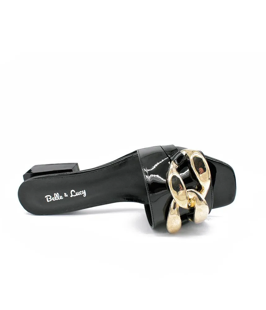 Fashionable Black Patent Link Detail Mules
