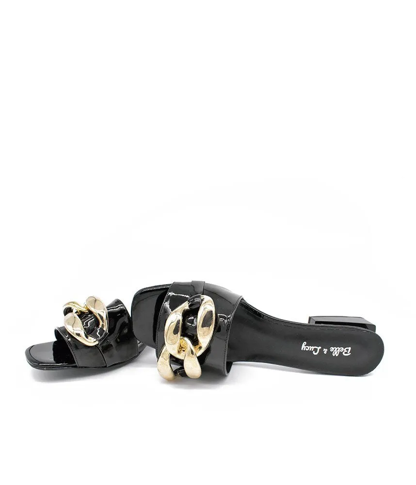 Fashionable Black Patent Link Detail Mules