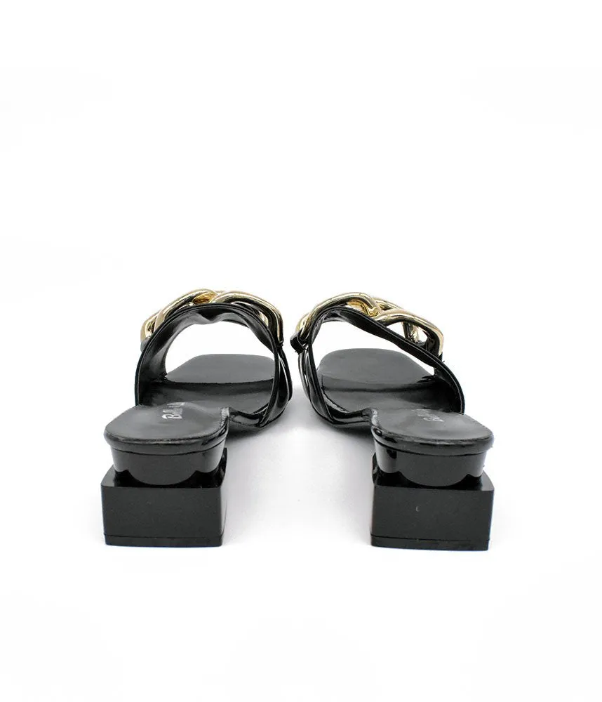 Fashionable Black Patent Link Detail Mules