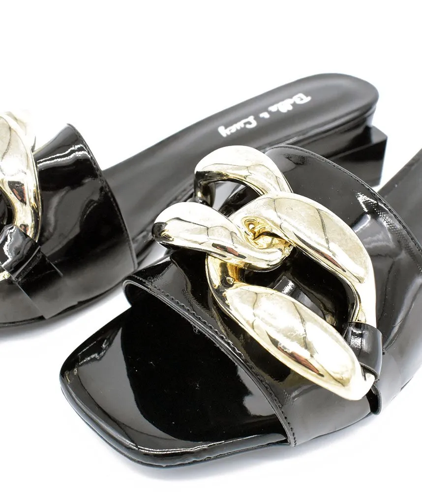 Fashionable Black Patent Link Detail Mules