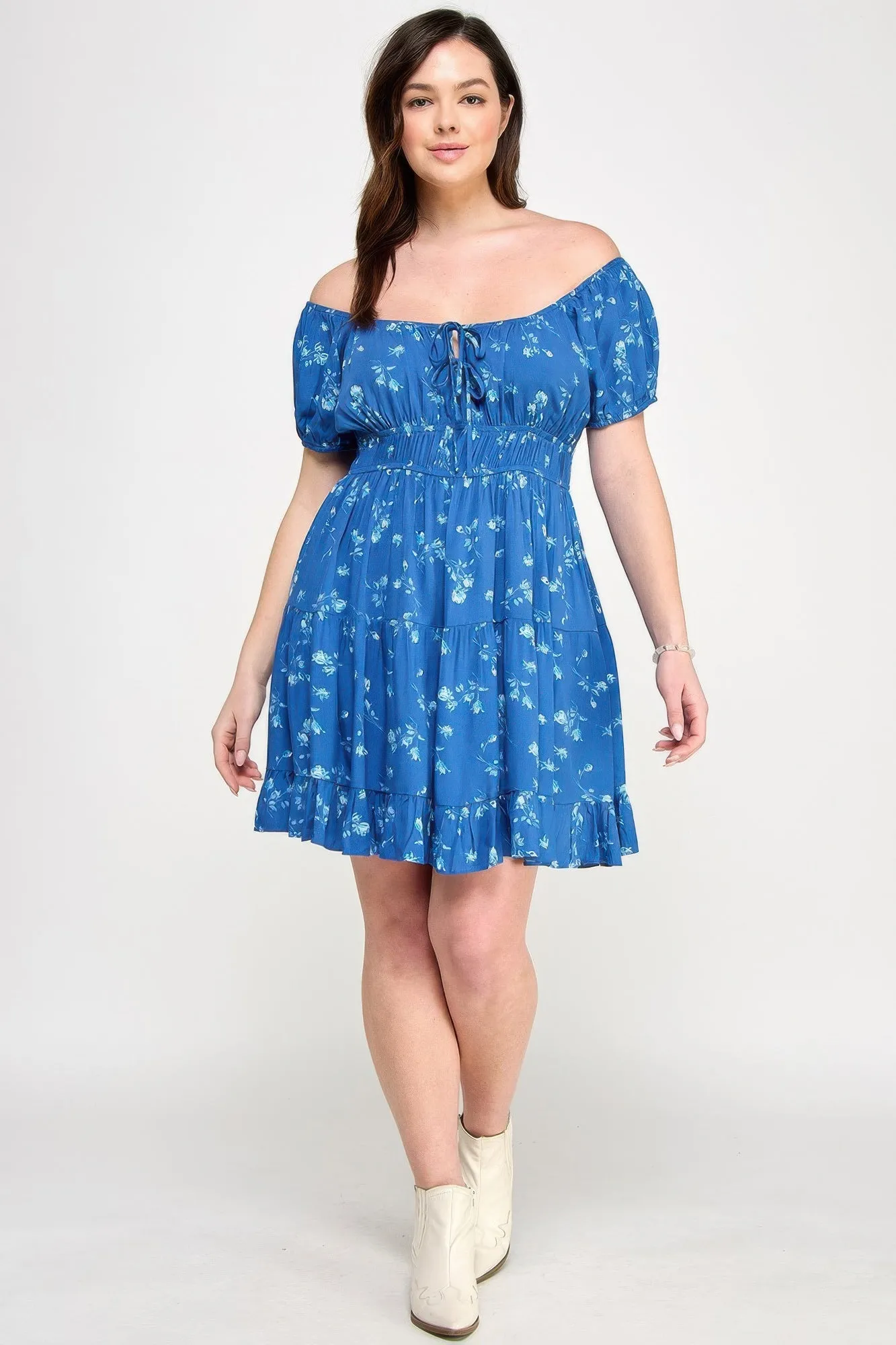 Floral Front-tie Elastic Waist Ruffle Dress