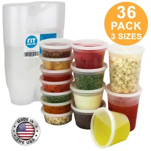 Food Storage Containers with Lids, Round Plastic Deli Cups, US Made, 8, 16, 32 oz, Cup Pint Quart Size, Leak Proof, Airtight, Microwave & Dishwasher Safe, Stackable, Reusable, White [36 Pack]