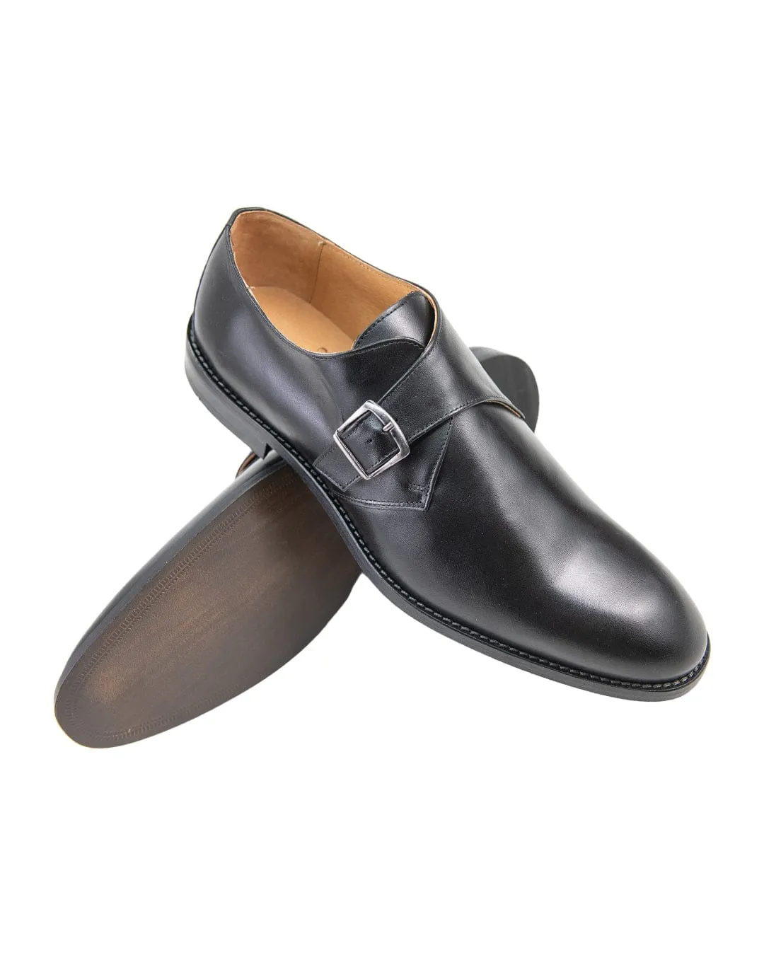 Gagliardi Black Leather Single Buckle Monk Strap Shoes