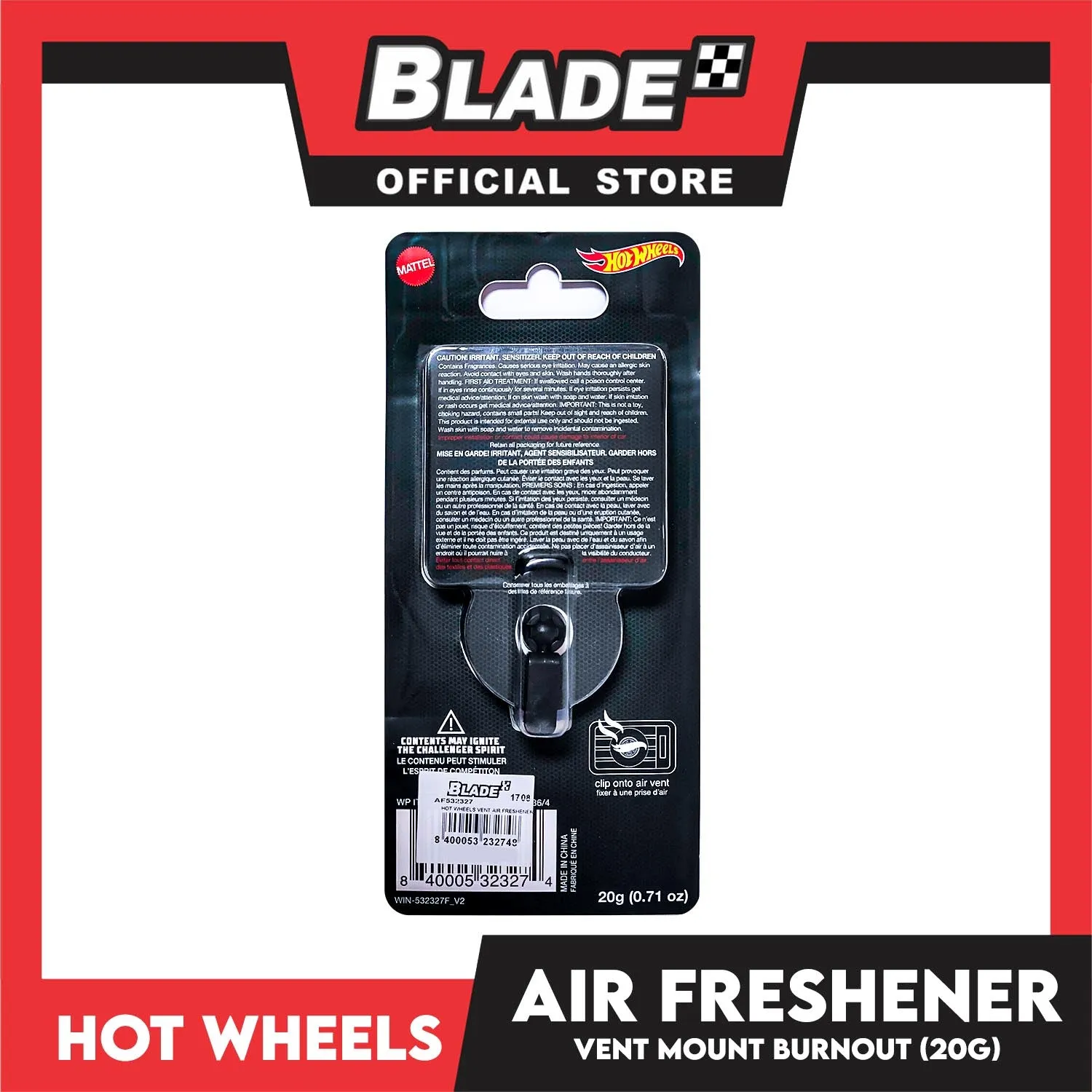 Hot Wheels 3D Air Freshener Vent Mount 20g AF532327 (Burnout) Car Freshener, Clip Onto Air Vent