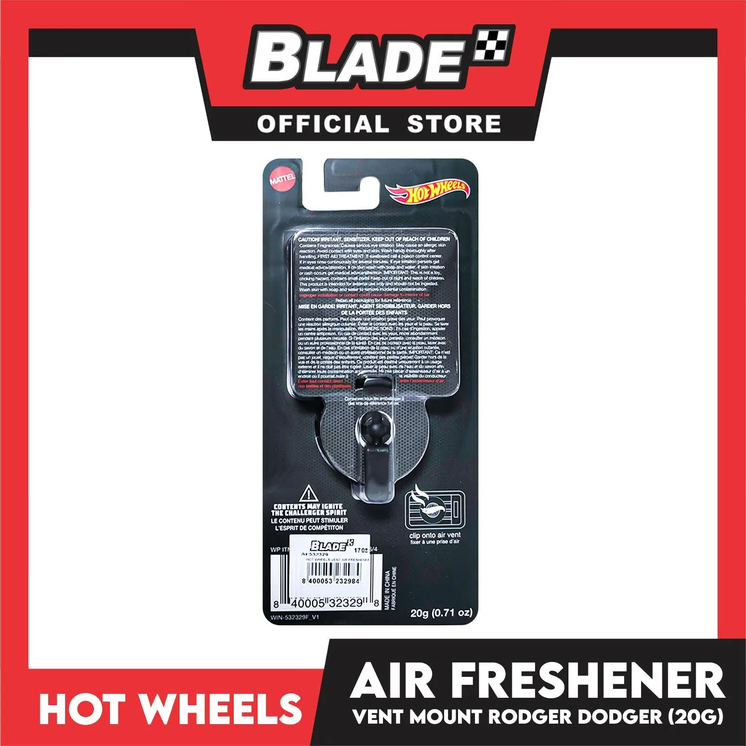 Hot Wheels 3D Air Freshener Vent Mount 20g AF532330 (Rodger Dodger) Car Freshener, Clip Onto Air Vent