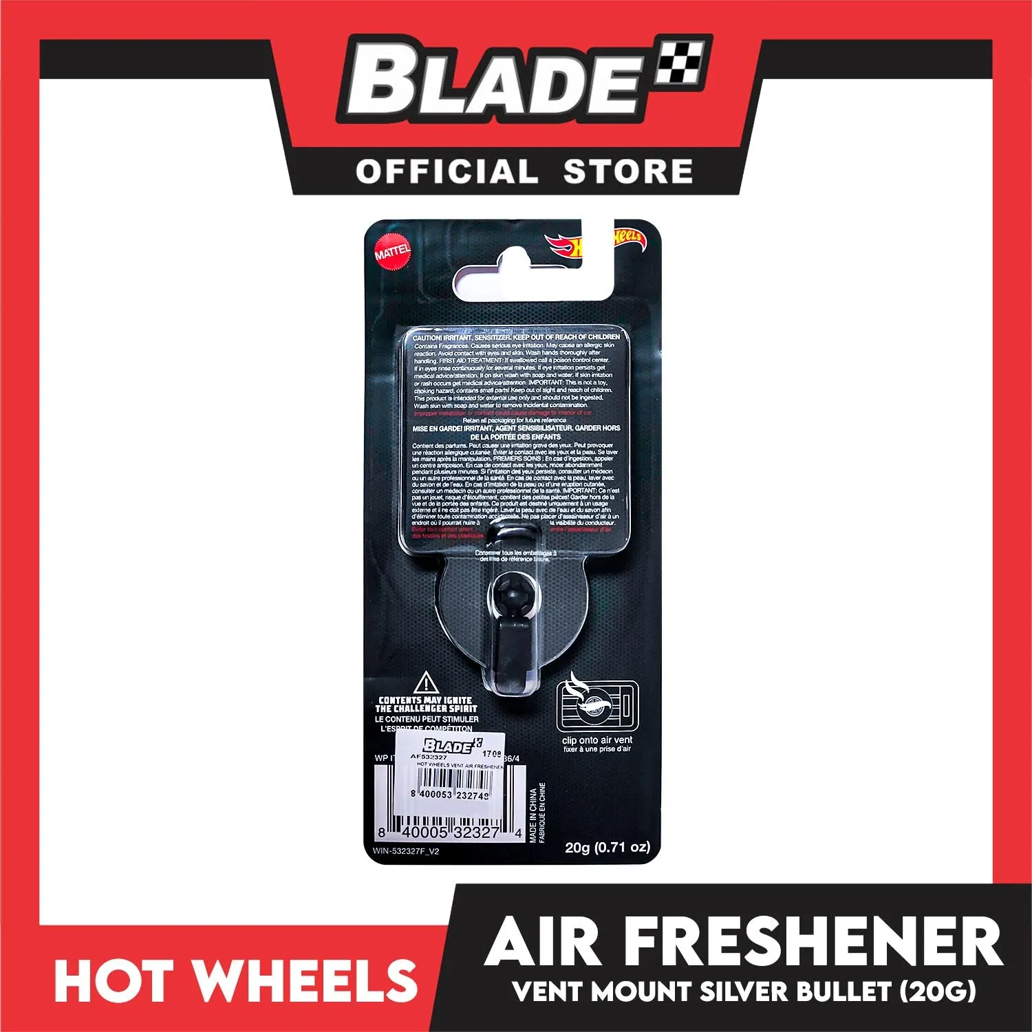 Hot Wheels 3D Air Freshener Vent Mount 20g AF532331 (Silver Bullet) Car Freshener, Clip Onto Air Vent