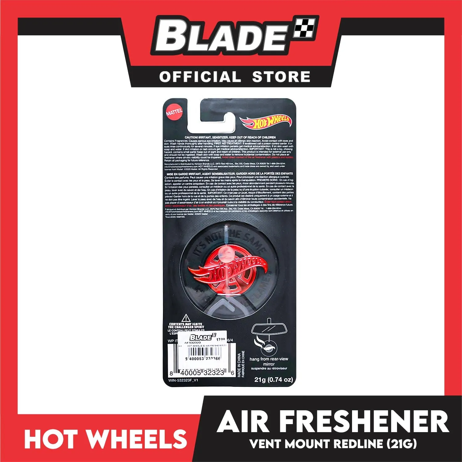 Hot Wheels 3D Air Freshener Vent Mount 21g AF532320 (Redline) Car Freshener, Hang From Rear-View Mirror