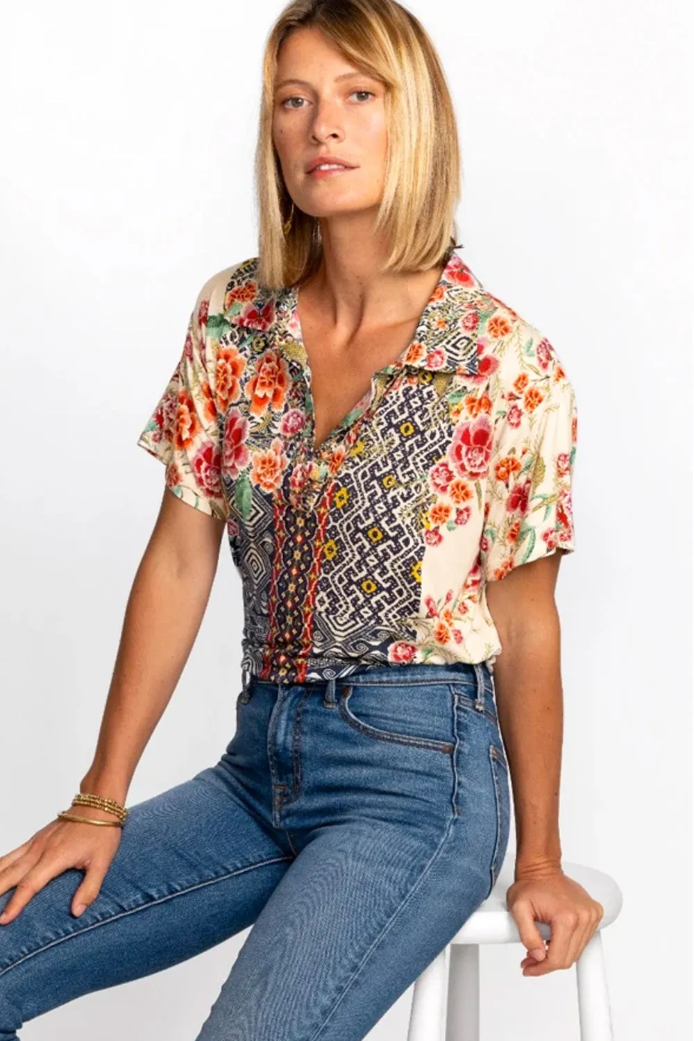 Johnny Was Aztec Flower S/S Polo Tee T13323-5