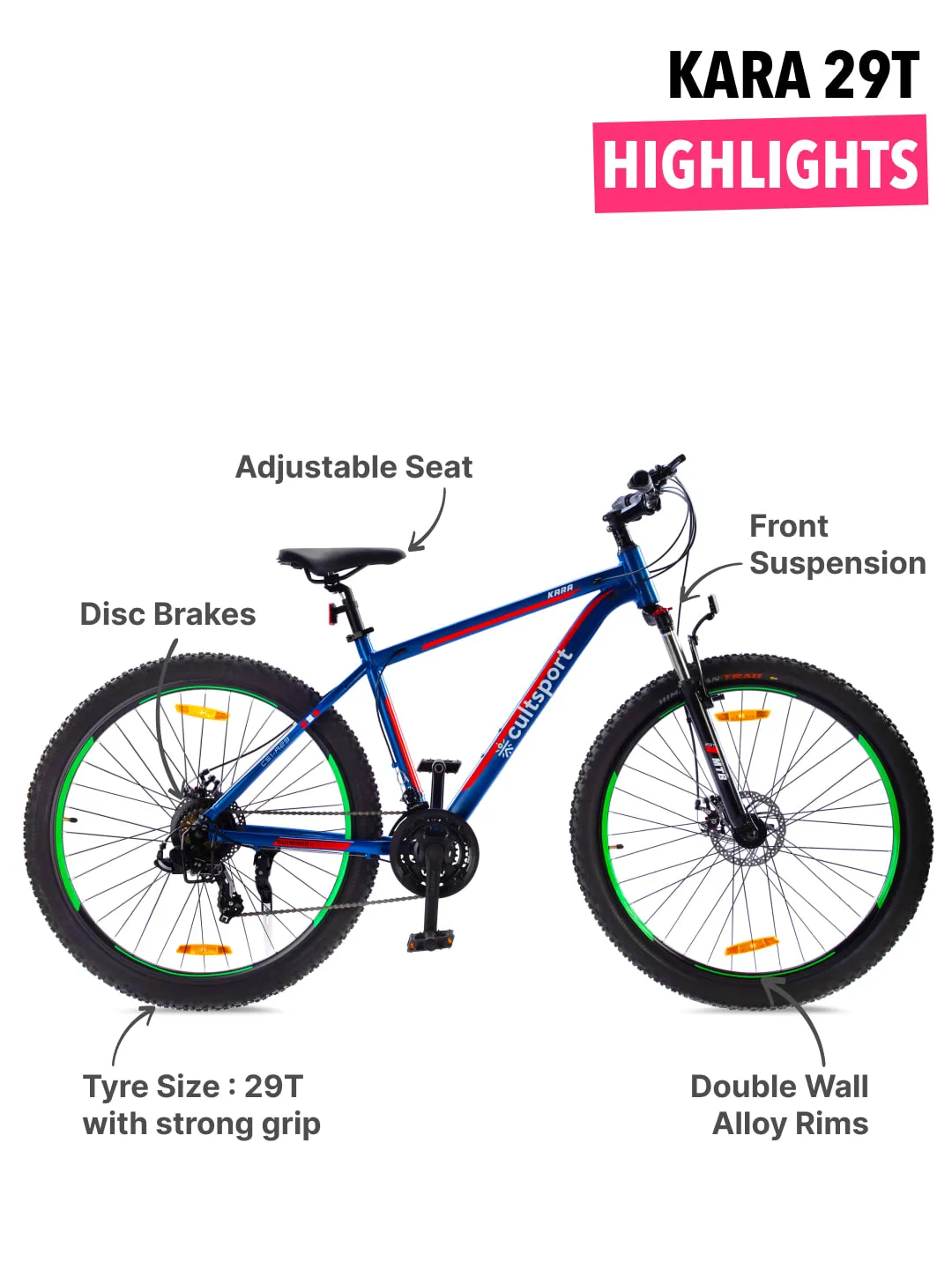 KARA29TBLUE Alloy 21 Speed Shimano Gear 29 inch Mountain Cycle, Dual Disc Brake, Front Suspension, Free Trainer Sessions, Cycling Event