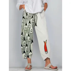 Karyl - Fun Fish Art Cropped Casual Pants