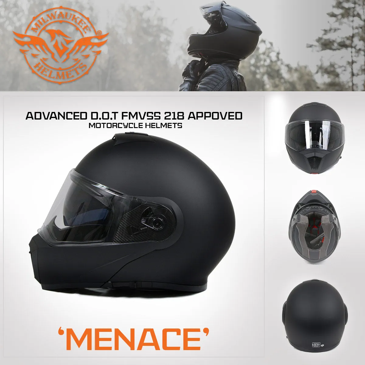 MPH9812DOT Flat Black 'Menace' Advanced Motorcycle Modular Helmet for Men and Women Biker w/ Drop Down Visor