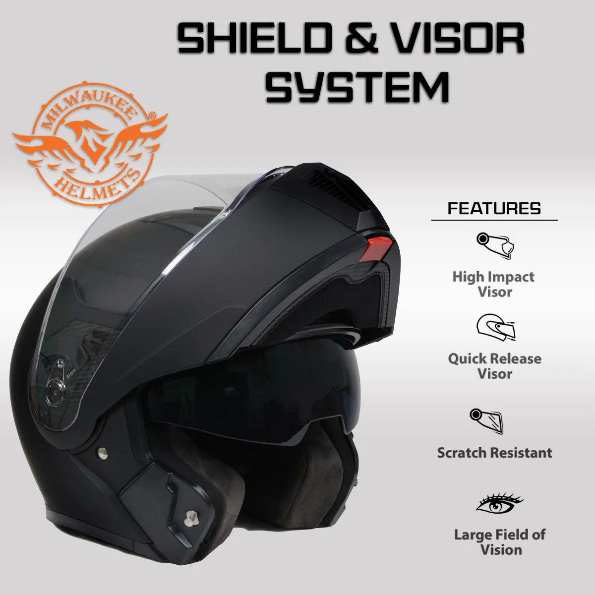 MPH9812DOT Flat Black 'Menace' Advanced Motorcycle Modular Helmet for Men and Women Biker w/ Drop Down Visor