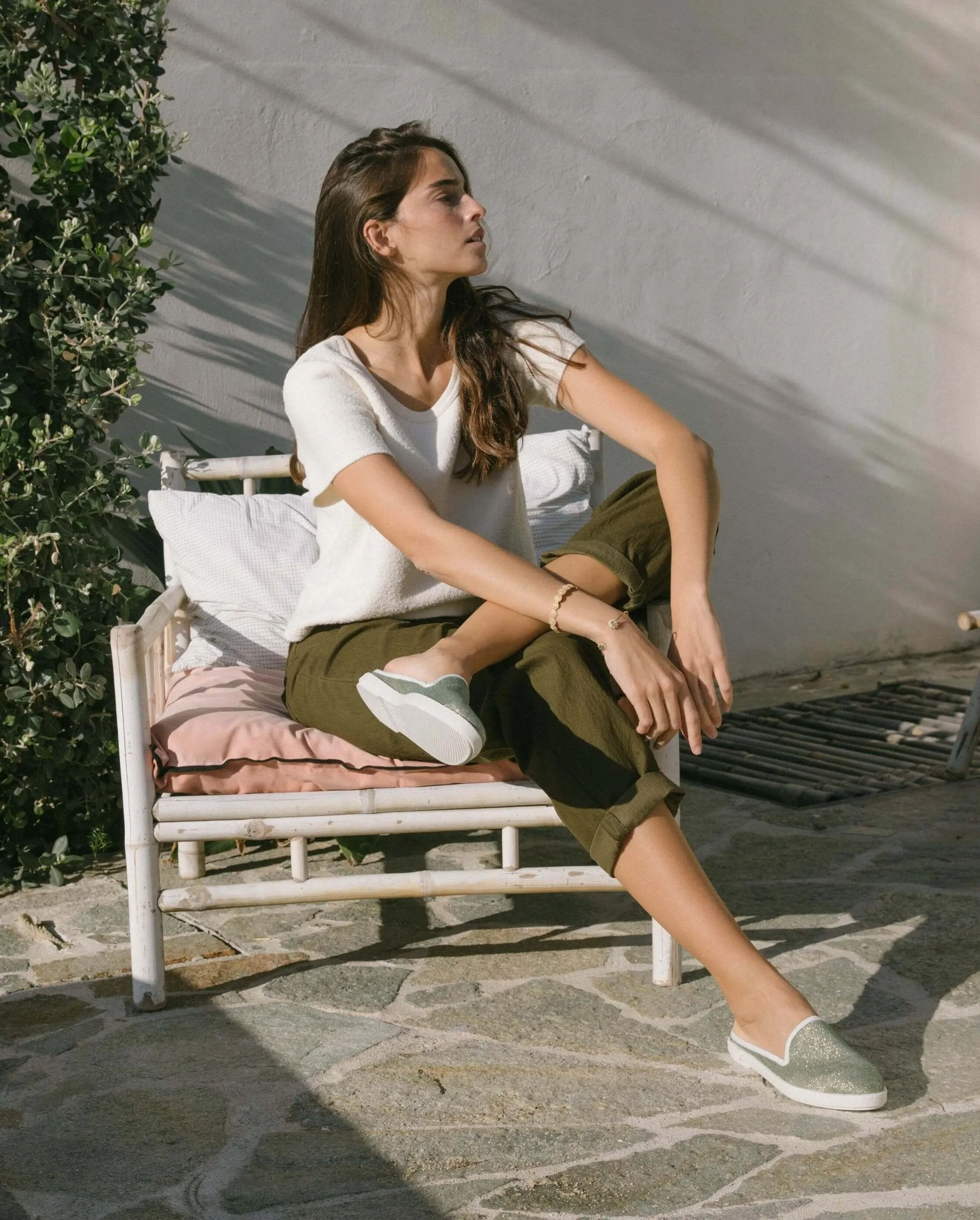 Mule femme lin recyclé, vert paillettes