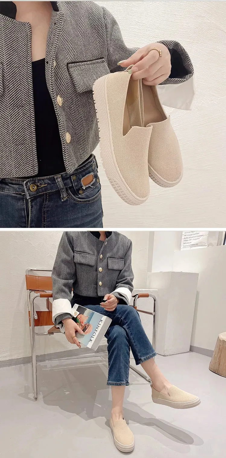 New flying weaver round head fisherman shoes tide check pattern shallow mouth slip-on thick sole casual single shoes women