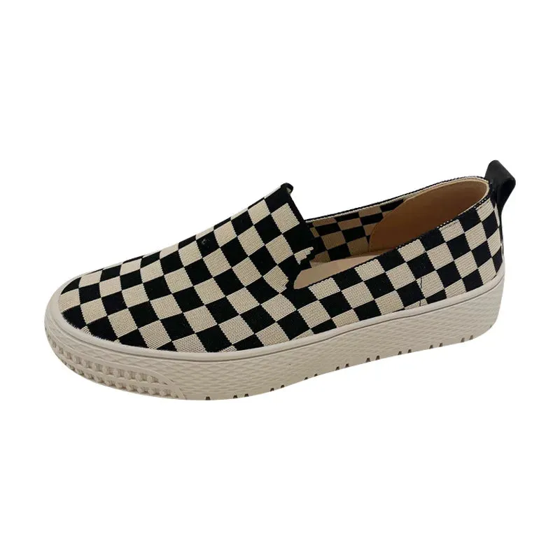 New flying weaver round head fisherman shoes tide check pattern shallow mouth slip-on thick sole casual single shoes women