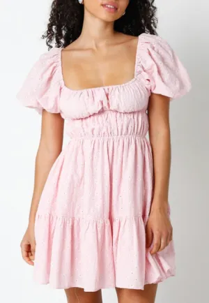 Puff Sleeve Eyelet Flare Mini Dress
