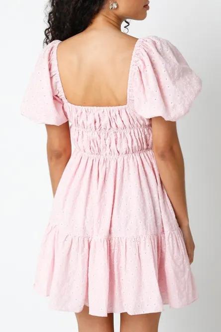 Puff Sleeve Eyelet Flare Mini Dress