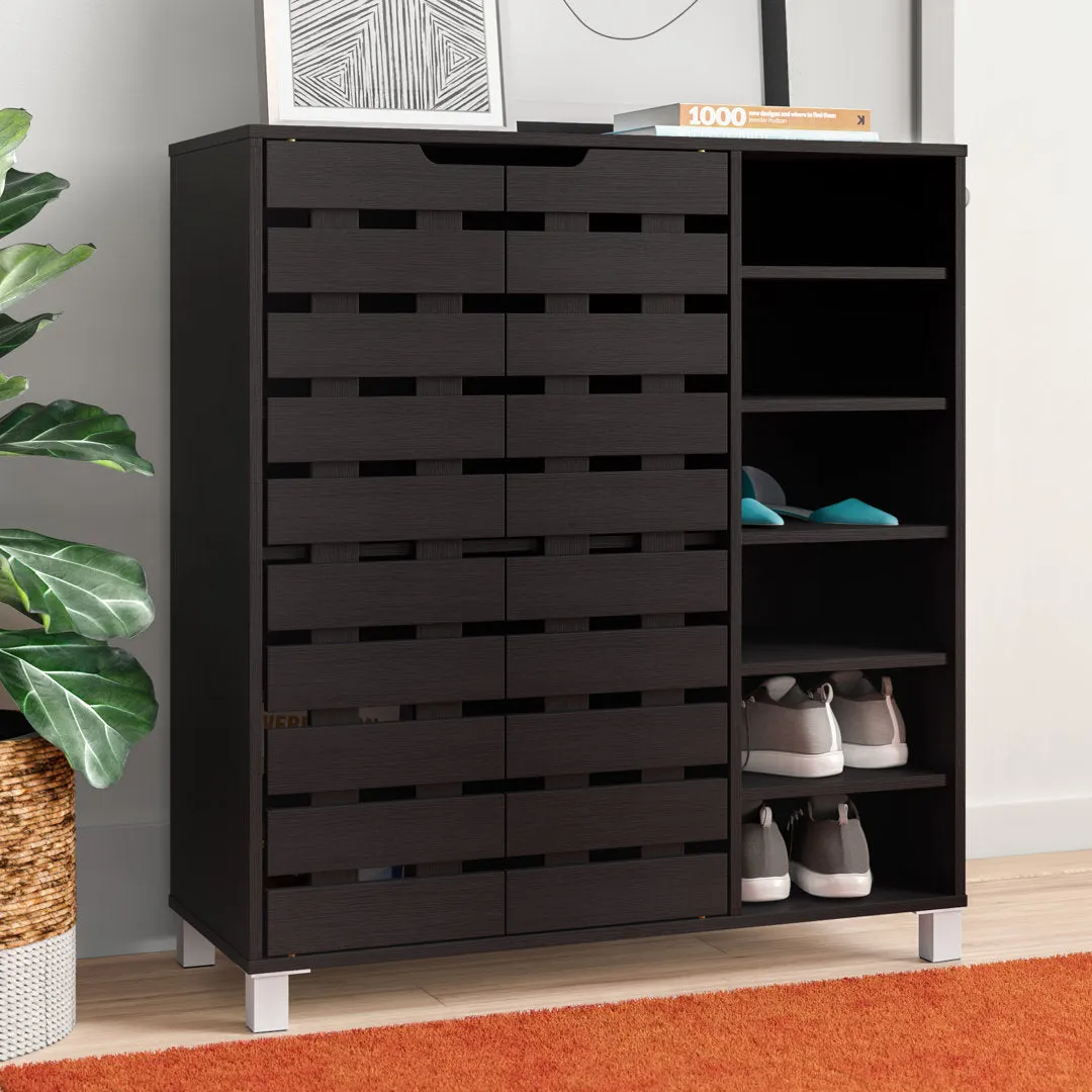 Shirley Modern and Contemporary 2 Door Wood 18 Pair Shoe Cabinet with Open Shelves Ebern Designs