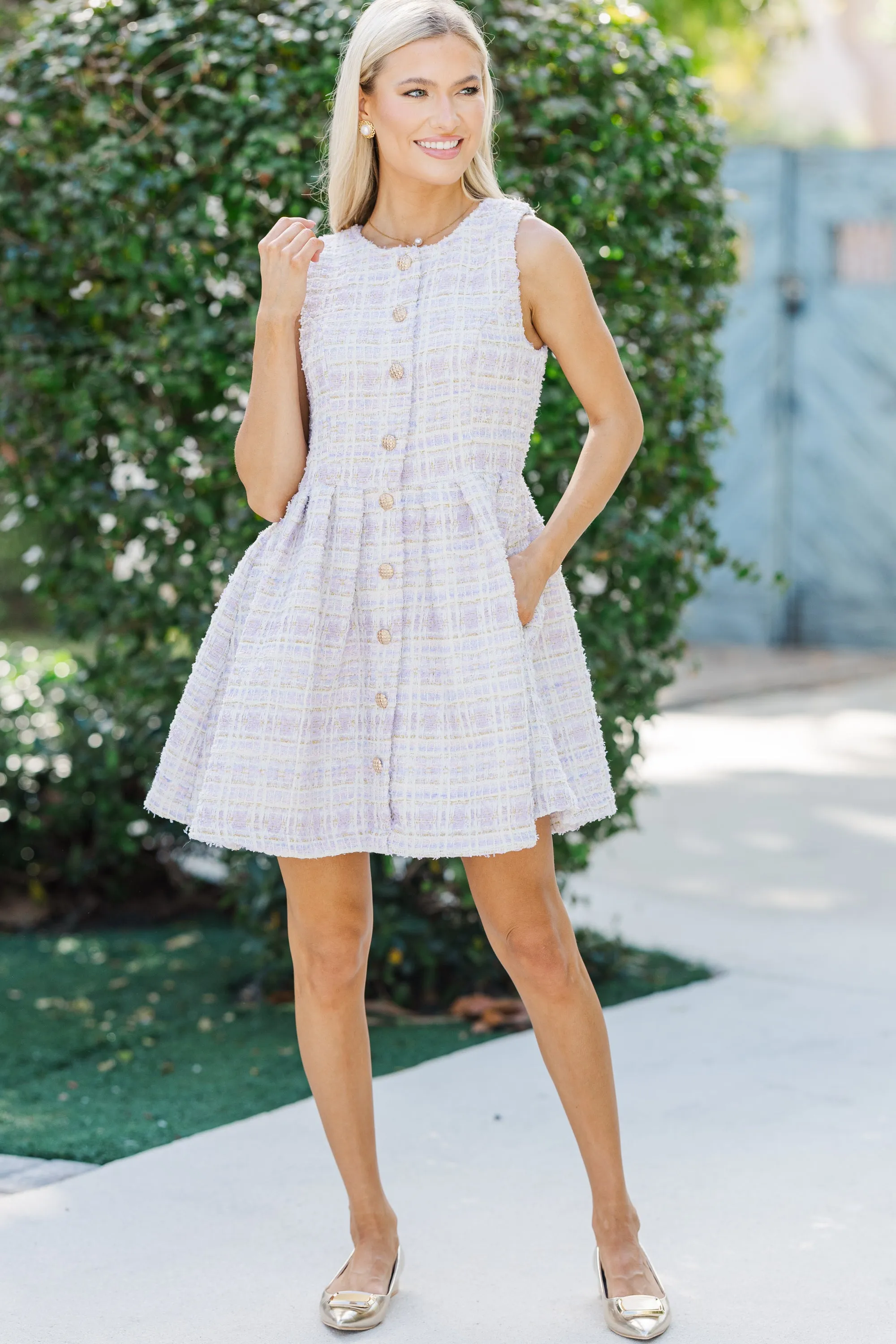 The Certainty Lavender Plaid Boucle Dress