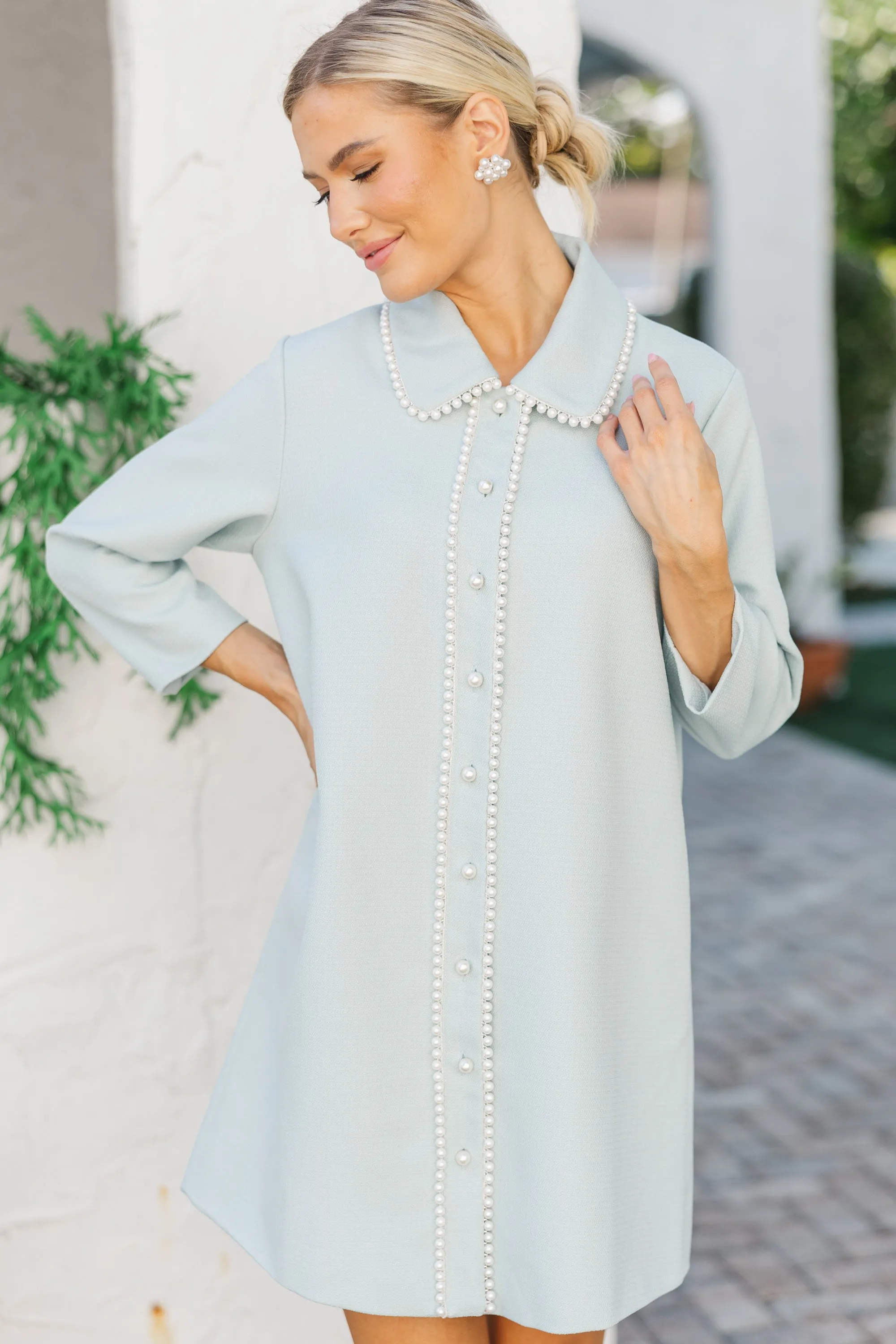 The Kindness Light Blue Pearl Embellished Button Down Dress