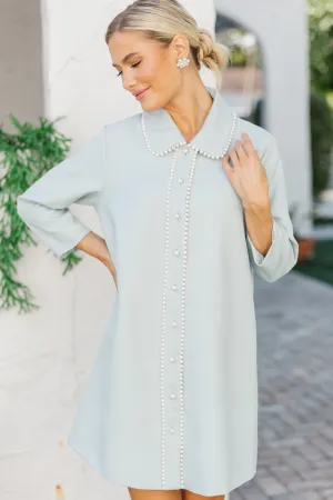 The Kindness Light Blue Pearl Embellished Button Down Dress