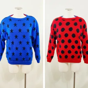 Vintage 80s reversible sweater blue stars red nlack polka dots bright kidcore