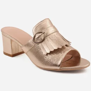 Women "FREYA"Metallic Decorated Buckle and block Heel Slip on Sandals