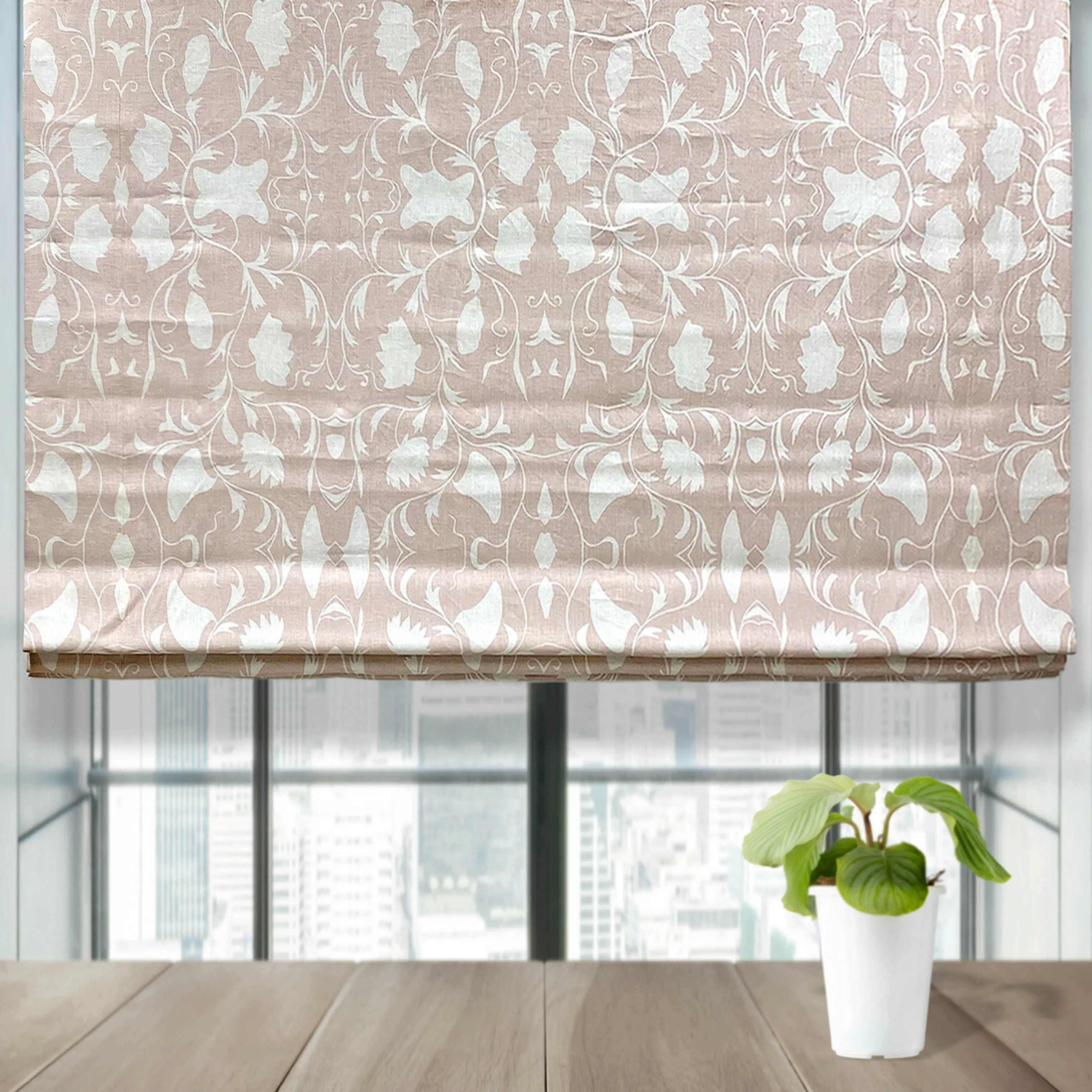 Wood Cut Floral Linen Flat Roman Shade